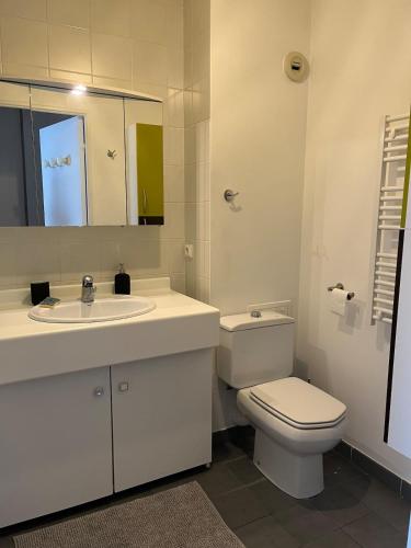 une salle de bain blanche avec des toilettes et un lavabo dans l'établissement Charmant studio, à La Garenne-Colombes