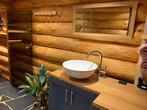 a bathroom with a sink on a wooden wall at Russet & Rowanberry - Rowanberry Retreat in Kriilevälja