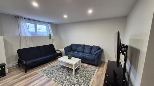 a living room with two blue couches and a table at Brand new entire basement suit in Moncton