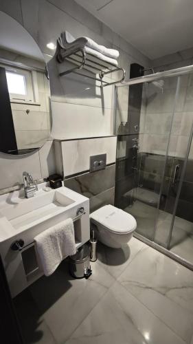 a bathroom with a shower and a toilet and a sink at 216 Silver Suite in Tuzla