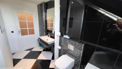 Bilik mandi di Apartments am Saalebogen mit Gartenterrasse, Grillkamin und freie Parkplätze