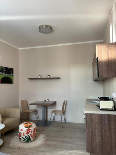 a kitchen and living room with a table and chairs at Penzion Apartmány Resident in Poděbrady