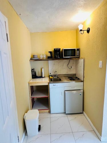 a small kitchen with a sink and a microwave at Izzy Room - Ferdie's Place in Port Antonio