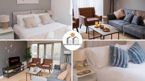 a room with a bed and a couch and chairs at Board Games & Chill Stylish City Apartment in Wolverhampton