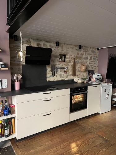 une cuisine avec des armoires blanches et un four dans l'établissement Appartement de canut, à Lyon