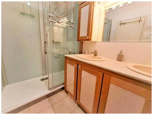 une salle de bain avec une douche, un lavabo et un miroir dans l'établissement Appart 6-8 pers à Saint-Raphaël, à Saint-Raphaël