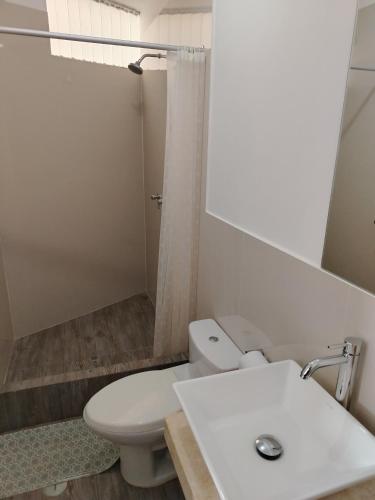 a bathroom with a white toilet and a sink at Casa Yuraq Hotel Boutique in Chincha Alta