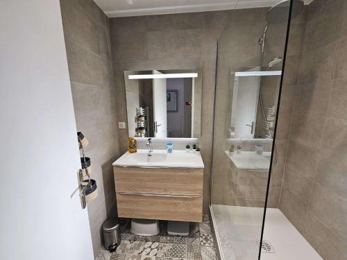 une salle de bain avec un lavabo et une douche dans l'établissement Bel appartement, climatisation, WIFI, plage et commerces à pied, à La Seyne-sur-Mer