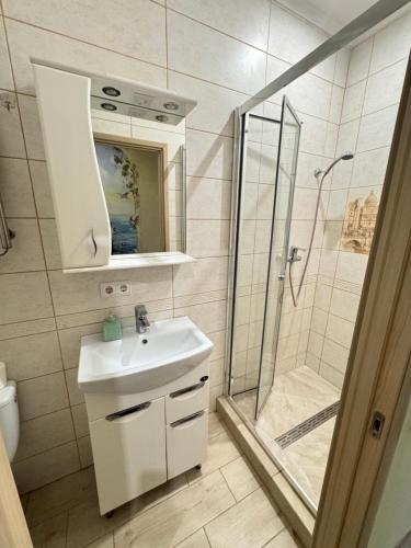 a bathroom with a sink and a shower at Little Paris Apartment in Chernivtsi
