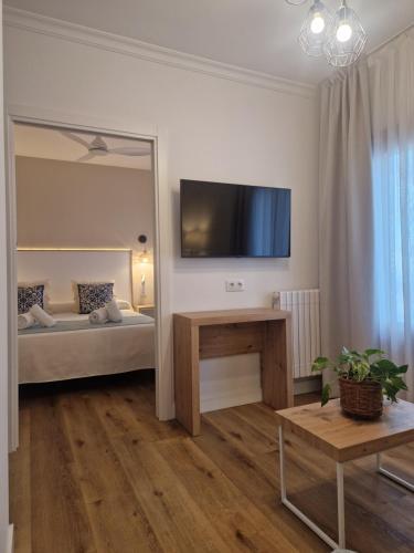 a bedroom with a bed with a mirror and a television at Hotel Bodegón de Peñíscola in Peñíscola