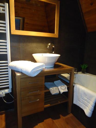 une salle de bain avec un lavabo et une baignoire dans l'établissement Gîte de l'Abreuvoir, à Vic-sur-Cère