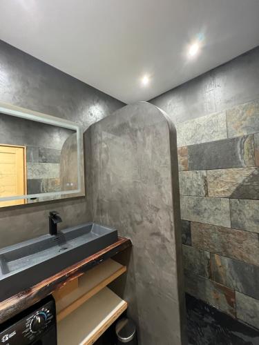 a bathroom with a sink and a stone wall at La Foux d 'Allos centre station T4, 7 pers in La Foux