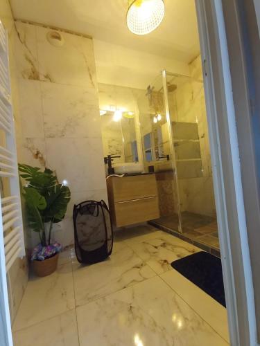 - une salle de bains pourvue d'une douche et d'un sac au sol dans l'établissement Grand T2 avec terrasse, à Marseille