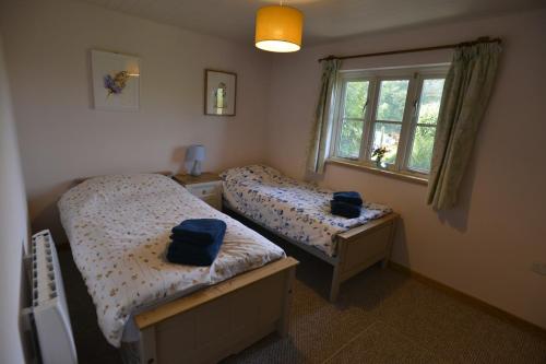 ein Schlafzimmer mit zwei Betten und einem Fenster in der Unterkunft Sweet Pea Cottage, Amroth in Amroth