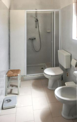 une salle de bain avec une douche, des toilettes et un lavabo dans l'établissement Maison Vue Mer à Lumio avec Terrasse et Jardin Clos, à Lumio