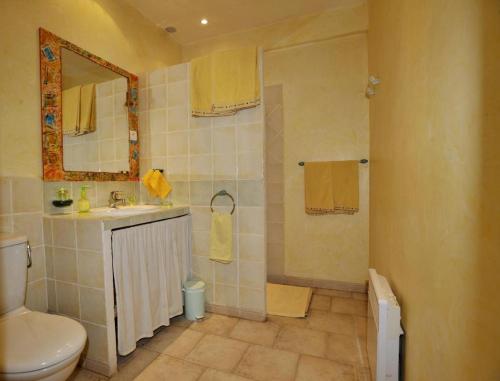 une salle de bain avec un lavabo, des toilettes et un miroir dans l'établissement La bergerie de vaulongue a 3km de la mer mediterranee, à Saint-Raphaël