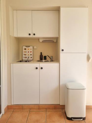 a small kitchen with white cabinets and a toilet at Studio Premium piscine et bord de mer in Sainte-Luce