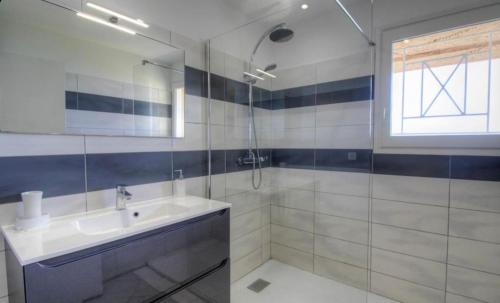 une salle de bain avec un lavabo et une douche dans l'établissement Terrasse sur la mer 20, à Porto-Vecchio
