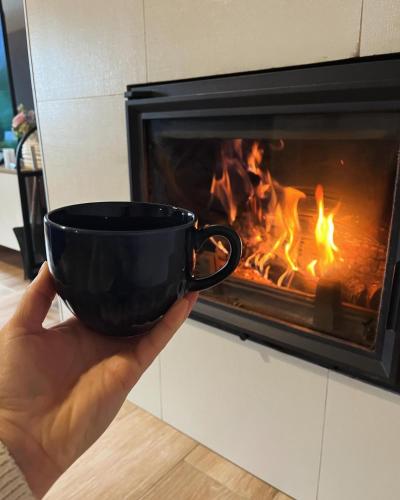 a person holding a black cup in front of a fireplace at Apartmány Rosenberg in Rožmberk nad Vltavou