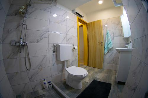 トレビニェにあるApartment Ukropina 2のトイレ、シャワー、洗面台を備えたバスルーム