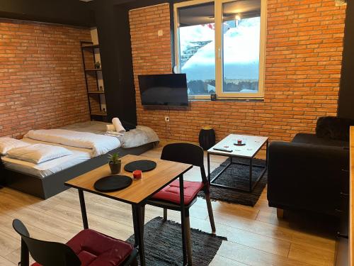 salon z kanapą i stołem w obiekcie Mickitos Cozy Studio One w mieście Mavrovo