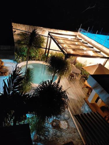 an overhead view of a swimming pool with palm trees at Casa la Roca Valladolid in Valladolid