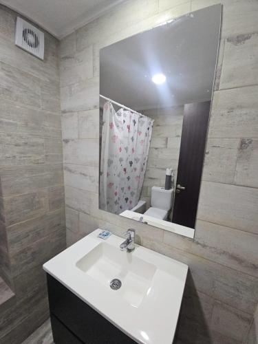 a bathroom with a sink and a mirror and a toilet at Alquiler Temporario Rosario 22 in Rosario