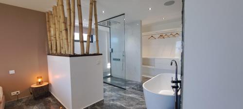 a bathroom with a shower and a bath tub at TAHITI - Villa Green M in Punaauia