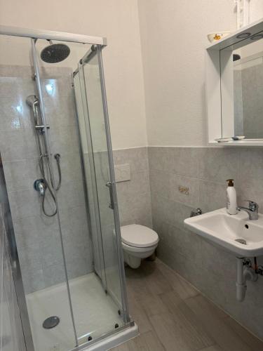 a bathroom with a shower and a toilet and a sink at Stanza Globo in Nulvi