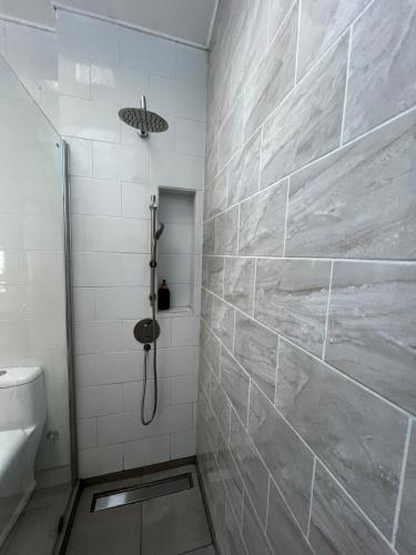 a bathroom with a shower and a toilet at Antu relajo y natura in Curacautín
