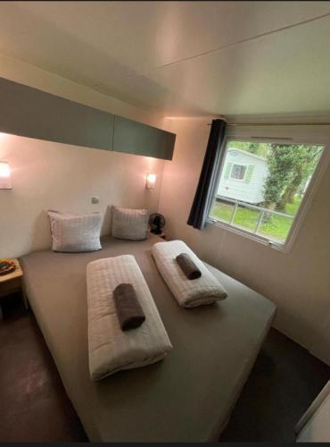 une chambre avec un grand lit avec une fenêtre dans l'établissement Lydia's Mobilhome am Europa-Park Rulantica, à Boofzheim