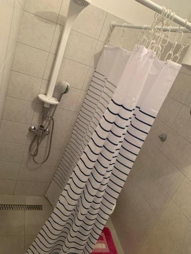 a bathroom with a shower with a shower curtain at Lili Apartments, Sv Dunata 18 in Krk
