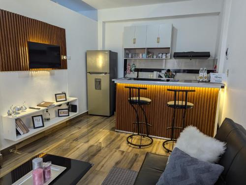 a living room with a bar and a kitchen at A 7 minutos del Aeropuerto SDQ, Moderno y Compacto Apartamento in Boca Chica