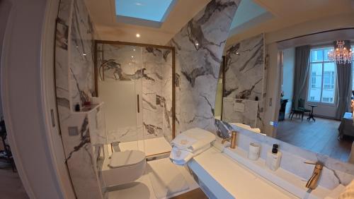 un bagno con lavandino, WC e specchio di Royal Rooms Dordrecht a Dordrecht