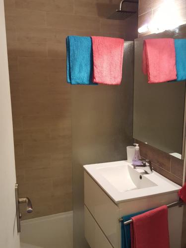 une salle de bain avec un lavabo, un miroir et des serviettes dans l'établissement Le41Annecy T2 40m2 old town private parking, à Annecy