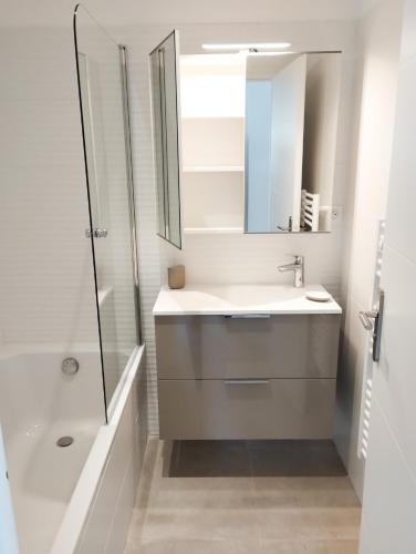 une salle de bain avec un lavabo, une douche et un miroir dans l'établissement villa récente 100m2, a 50mplage piscine privée clim parking, au Pradet