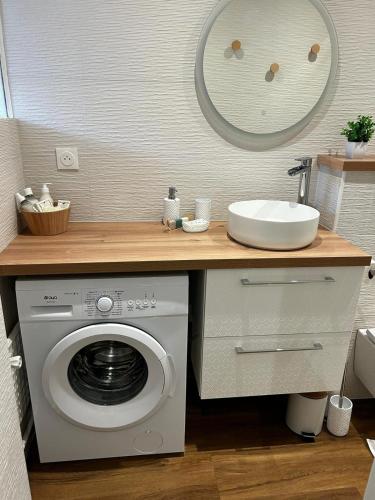 La salle de bains est pourvue d'un lave-linge et d'un lavabo. dans l'établissement Mont'cocon, à Montrichard