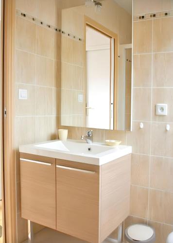 une salle de bain avec un lavabo et un miroir dans l'établissement Maison charmante à Botsorhel avec jardin clos, à Botsorhel