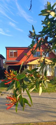 a house with a red roof and a tree at Bosque Valdiviano Apartment in Valdivia