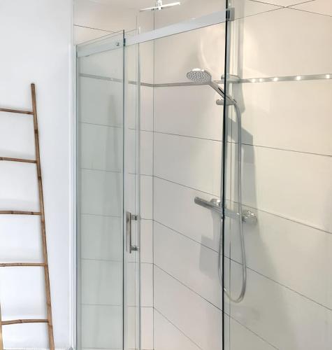 La salle de bains est pourvue d'une porte de douche en verre et d'une échelle. dans l'établissement Charmante Maison à Huelgoat avec Terrasse et Jardin, à Huelgoat