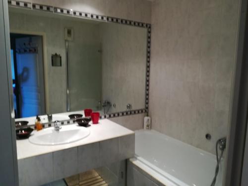 une salle de bain avec un lavabo, une baignoire et un miroir dans l'établissement Garden level near Nice, à Saint-Laurent-du-Var