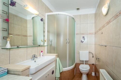 a bathroom with a shower and a sink and a toilet at Apartment Damir in Tučepi