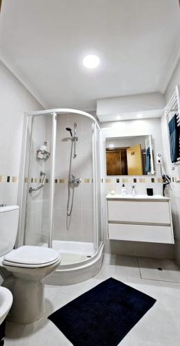 a bathroom with a shower and a toilet and a sink at Cantinho do Auka - Studio in Aveiro