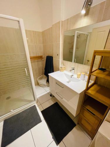 a bathroom with a sink and a shower at Cozy du Grand Large in Papeete