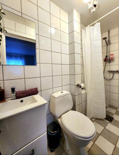 a white bathroom with a toilet and a sink at Stavanger City Center Wood Ap1 in Stavanger