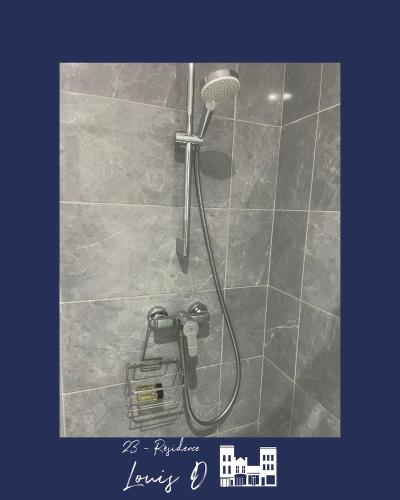 une douche dans une salle de bain avec une pomme de douche dans l'établissement 2 Le Nid Bleu Béthunois Cosy and Central, à Béthune