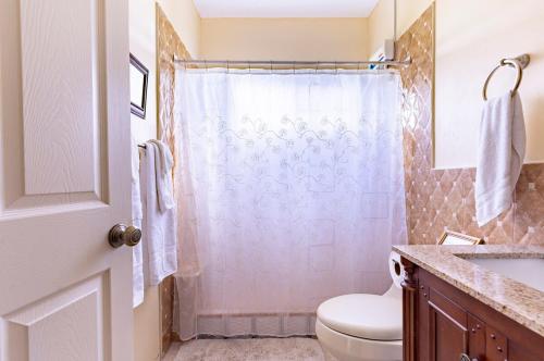 un baño con inodoro y ducha en Misty Hills Retreat, en Stony Hill