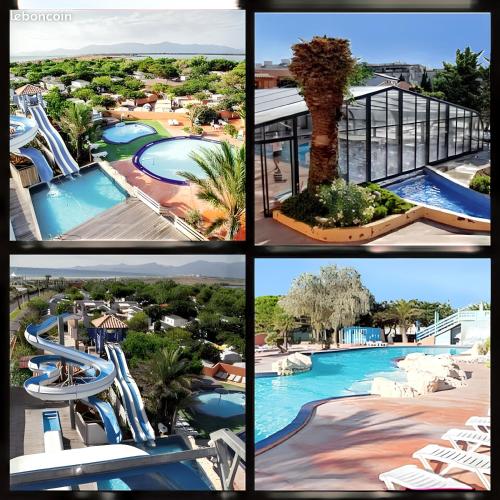 un collage de photos d'un parc aquatique dans l'établissement Bungalow cosy à Canet-en-Roussillon avec piscine partagée, à Canet