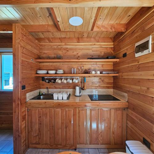 cocina con fregadero y paredes de madera en Cabañas Los Arrayanes, en Licán Ray