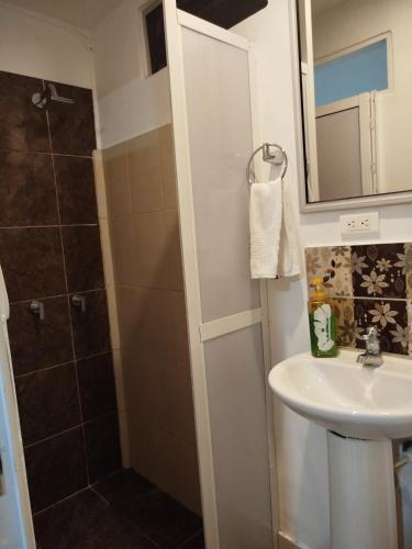 a bathroom with a sink and a shower at Casa San Joaquin in Cali